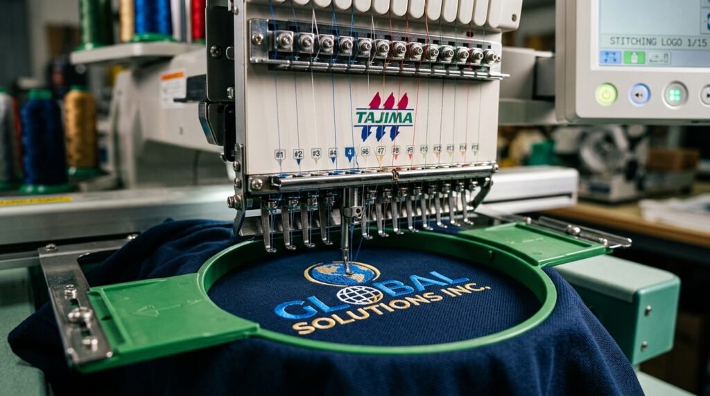 Máquina de bordado computadorizado costurando logotipo em camisa polo
